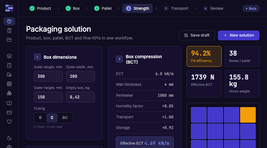 The packdev packaging solution screen: inputs, BCT calculation and result KPIs side by side